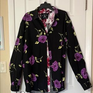 Rock n Roll Soul men’s button up print shirt black purple floral flip cuff XL